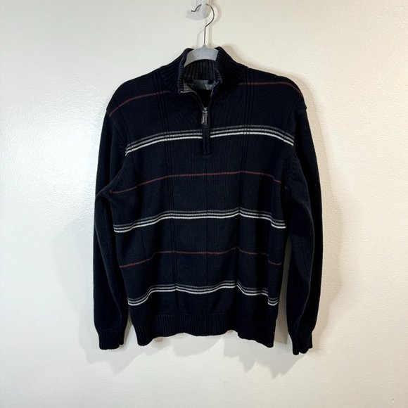 Oscar de la Renta Black Striped Pullover Sweater Mens Size Large L Knit 1/4 Zip - Picture 1 of 9